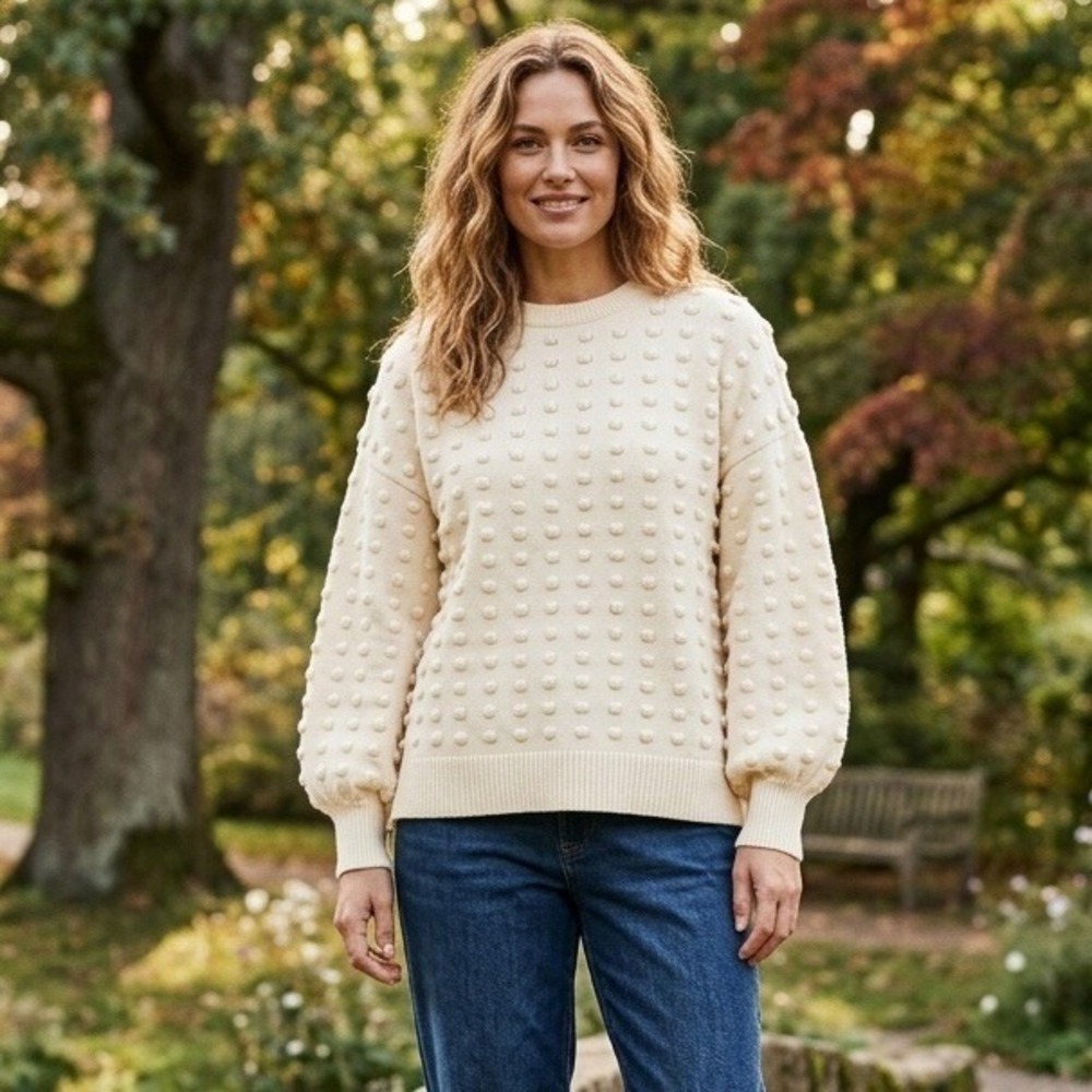 She + Sky Cream Bobble Popcorn Knit Balloon Sleeve Sweater Womens Medium